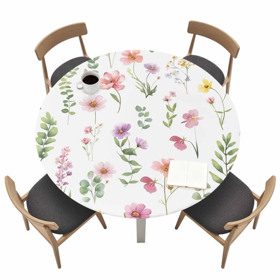 Pink Spring Floral Fitted Tablecloth with Elastic Edged, Round Table Cloth for Dining Table, Flowers Elegant Pastoral Leaves Waterproof Oil Proof Table Cover for Indoor Outdoor 36"-44"