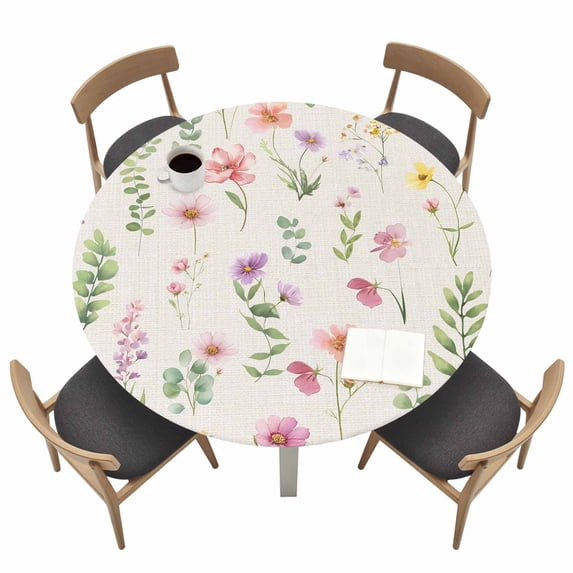 Pink Spring Floral Fitted Tablecloth with Elastic Edged, Round Table Cloth for Dining Table, Flowers Elegant Pastoral Rustic Waterproof Oil Proof Table Cover for Indoor Outdoor 45"-54"