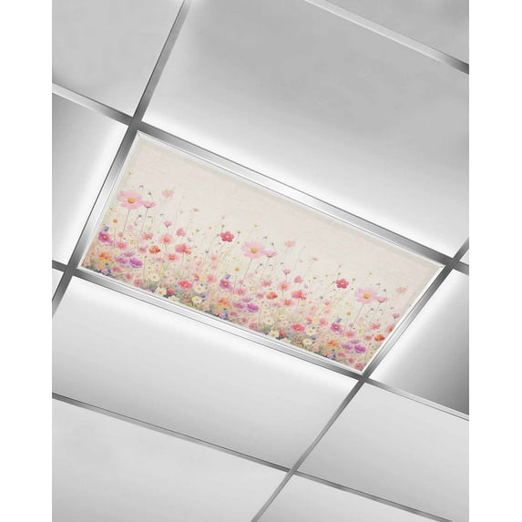 Pink Spring Floral Fluorescent Light Covers for Ceiling Lights 4x2 feet,1 Pack Magnetic Light Filters for Classroom,Watercolor Summer Botanical Fluorescent Light Shade Panel for Office School Drop