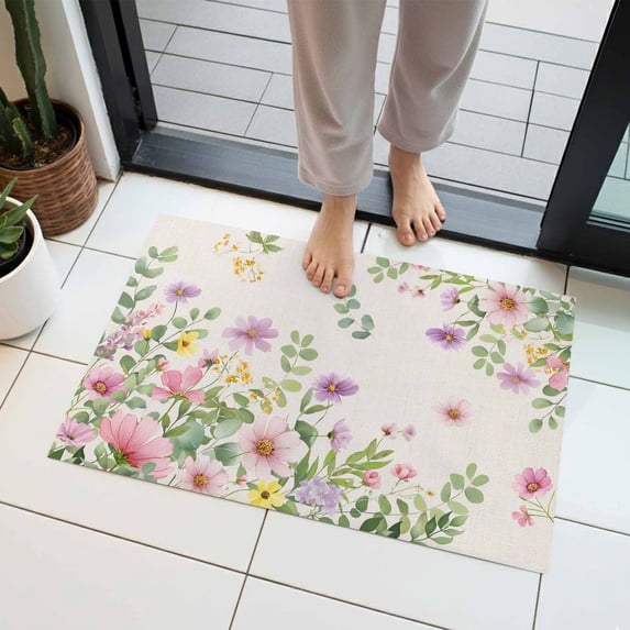Pink Spring Floral Indoor Door Mat 16x24 Inch Watercolor Botanical Wildflowers Retro Front Door Mat Non Slip Washable Entryway Rug Low Profile Dirt Trapper Doormat for Bathroom Kitchen Bedroom