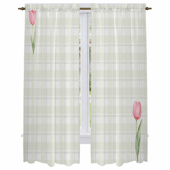 Pink Spring Floral Kitchen Curtain for Berdoom Living Room Cafe 72 Inch Length, Tulip Yellow Plaid Summer Botanical Tiers Curtains Light Filtering Drapes Window Treatment 2 Panels 52"Wx72"L