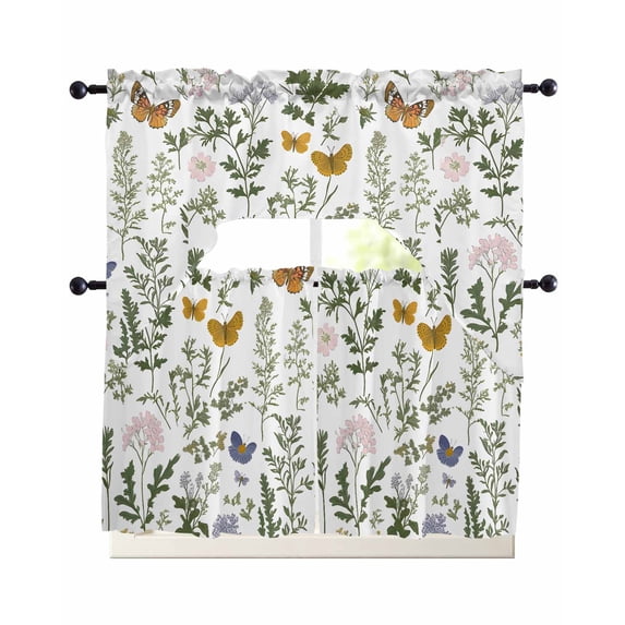 Pink Spring Floral Kitchen Curtains Sets 24 Inch Length with Valance, Summer Botanical Butterfly Swag Valances and Tiers Curtain Set Drapes Swag Curtains for Living Room, Bathroom, Bedroom, Cafe