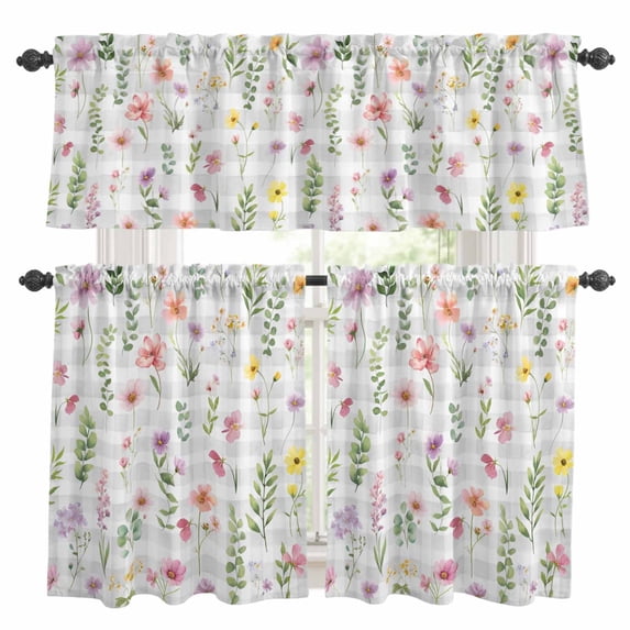 Pink Spring Floral Kitchen Curtains Sets for Windows 24 Inch Length, Flowers Botanical Elegant Grey Checkered Rod Pocket Window Treatments Tier Curtains and Valances Set for Bedroom/Bathroom