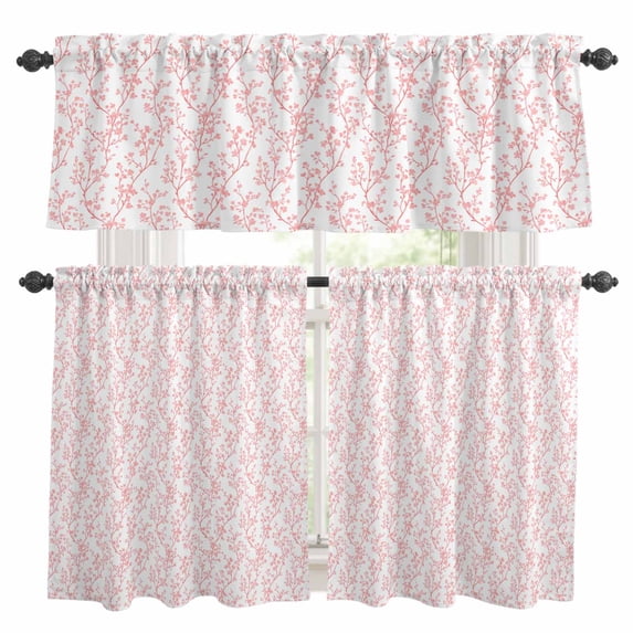 Pink Spring Floral Kitchen Curtains Sets for Windows 24 Inch Length, Summer Botanical Watercolor Rod Pocket Window Treatments Tier Curtains and Valances Set for Bedroom/Bathroom