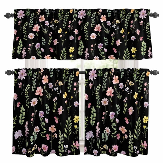 Pink Spring Floral Kitchen Curtains Sets for Windows 36 Inch Length, Flowers Botanical Elegant Pastoral Black Rod Pocket Window Treatments Tier Curtains and Valances Set for Bedroom/Bathroom