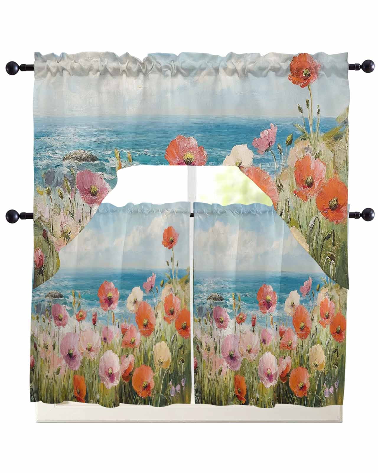 Floral Kitchen Curtains Set - Green Sunflower Daisy Valance & Tier, 36 Inch, Rod Pocket, Abstract Botanical Cafe Curtains