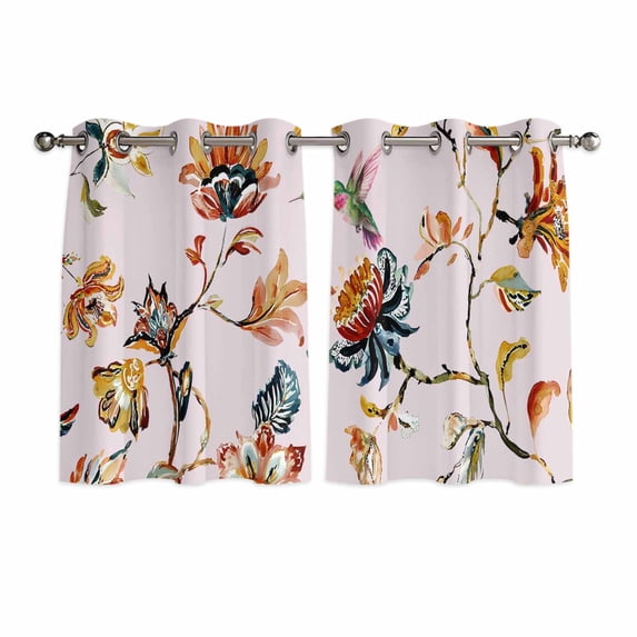 Pink Spring Floral Kitchen Curtains Window Panels, Summer Botanical Vintage Birds Insulated Window Treatment Curtain, Grommet Curtains for Bedroom/Living Room/Bathroom, 2 Piece 42"Wx45"L
