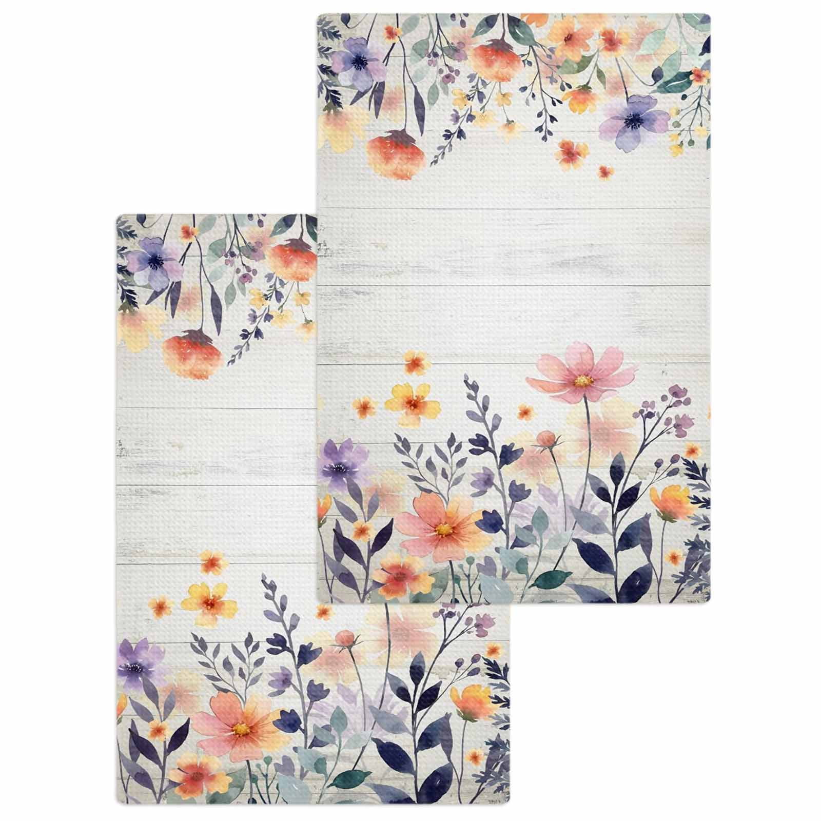 Pink Spring Floral Kitchen Dish Towels for Drying Dishes Set of 2, Elegant Flowers Farmhouse Botanical Wooden Waffle Weave Microfiber Hand Tea Bathroom Towels Quick Dry & Absorbent Towel 15.7x23.6
