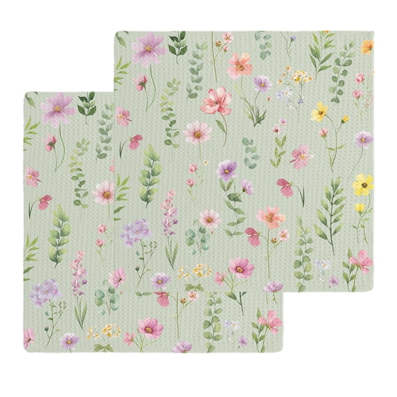 Pink Spring Floral Kitchen Dish Towels for Drying Dishes Set of 2, Farmhouse Flowers Sage Green Leaves Waffle Weave Microfiber Hand Tea Bathroom Towels Quick Dry & Absorbent Towel 12x12