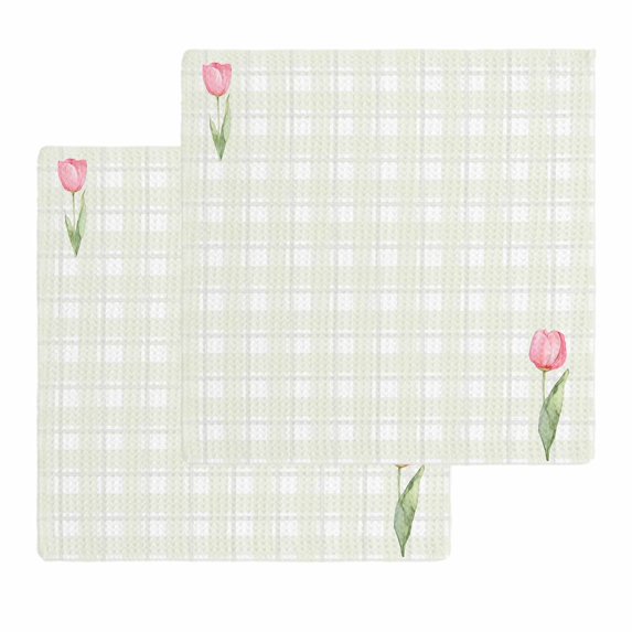 Pink Spring Floral Kitchen Dish Towels for Drying Dishes Set of 2, Tulip Yellow Plaid Summer Botanical Waffle Weave Microfiber Hand Tea Bathroom Towels Quick Dry & Absorbent Towel 12x12