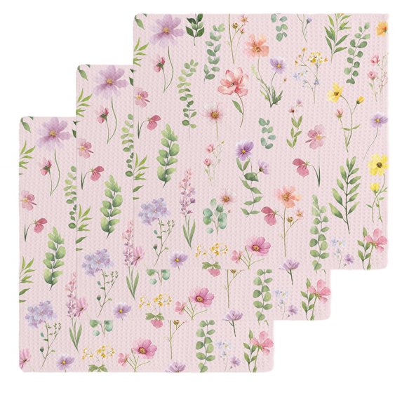 Pink Spring Floral Kitchen Dish Towels for Drying Dishes Set of 3, Flowers Botanical Elegant Pastoral Waffle Weave Microfiber Hand Tea Bathroom Towels Quick Dry & Absorbent Towel 12x12
