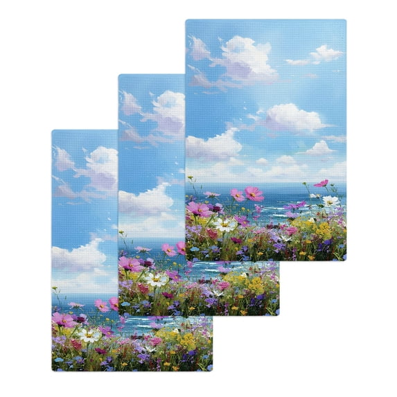 Pink Spring Floral Kitchen Dish Towels for Drying Dishes Set of 3, Modern Art Seaside Romantic Waffle Weave Microfiber Hand Tea Bathroom Towels Quick Dry & Absorbent Towel 15.7x23.6
