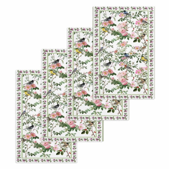 Pink Spring Floral Kitchen Dish Towels for Drying Dishes Set of 4, Elegant Pastoral Flowers Birds Watercolor Waffle Weave Microfiber Hand Tea Bathroom Towels Quick Dry & Absorbent Towel 15.7x23.6
