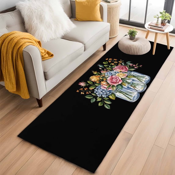 Pink Spring Floral Kitchen Runner Rug 2x6 Washable Runners for Hallway Non Slip Watercolor Black Botanical Farmhouse Large Area Rug Indoor Floor Carpet for Bathroom Laundry Entryway Bedroom
