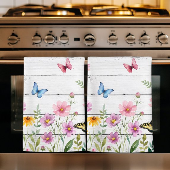 Pink Spring Floral Kitchen Towels Set of 1, Butterfly Wooden Farmhouse Art Absorbent Dish Towels for Kitchen, Microfiber Hand Towel, Quick Drying Tea Towel for Cleaning Decorative Dishcloths