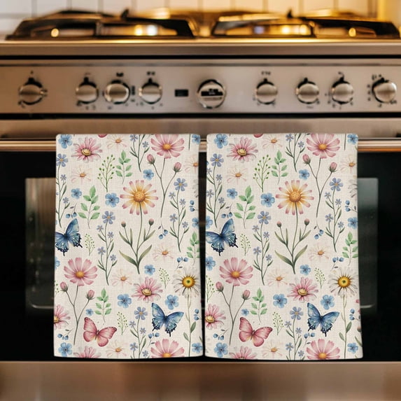 Pink Spring Floral Kitchen Towels Set of 1, Elegant Pastoral Flowers Butterflies Rustic Absorbent Dish Towels for Kitchen, Microfiber Hand Towel, Quick Drying Tea Towel Decorative Dishcloths