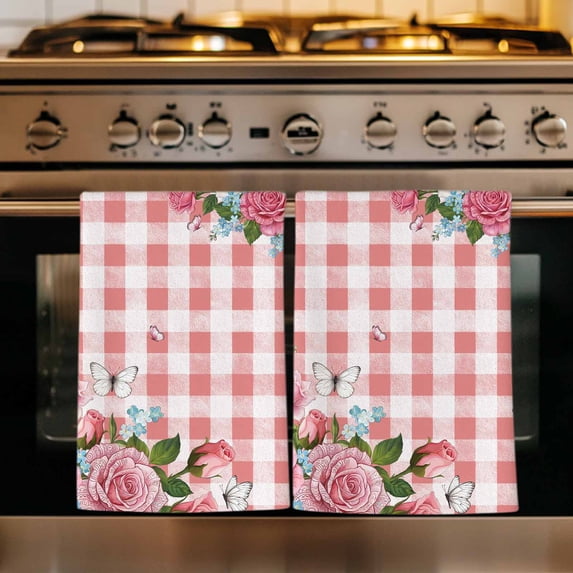 Pink Spring Floral Kitchen Towels Set of 1, Watercolor Flowers Butterfly Checkered Absorbent Dish Towels for Kitchen, Microfiber Hand Towel, Quick Drying Tea Towel for Cleaning Decorative Dishcloths