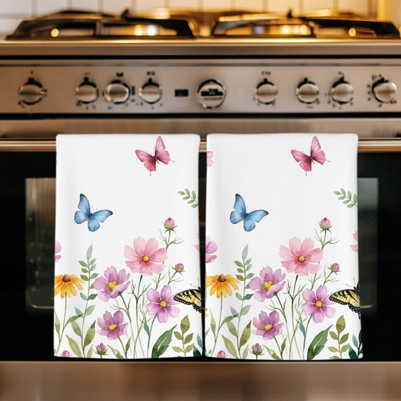 Pink Spring Floral Kitchen Towels Set of 2, Butterfly Elegant Pastoral Absorbent Dish Towels for Kitchen, Microfiber Hand Towel, Quick Drying Tea Towel for Cleaning Decorative Dishcloths