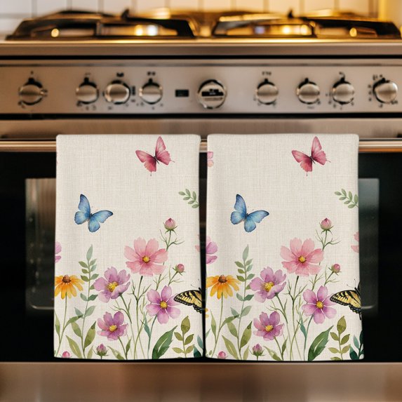 Pink Spring Floral Kitchen Towels Set of 2, Butterfly Farmhouse Art Rustic Absorbent Dish Towels for Kitchen, Microfiber Hand Towel, Quick Drying Tea Towel for Cleaning Decorative Dishcloths