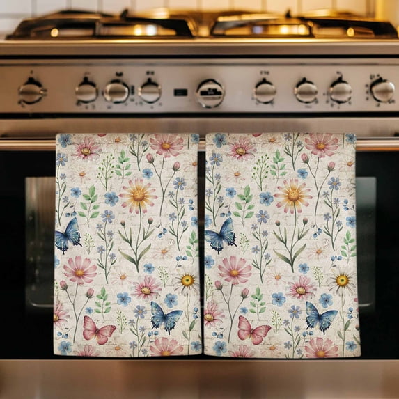 Pink Spring Floral Kitchen Towels Set of 2, Elegant Pastoral Flowers Butterflies Vintage Absorbent Dish Towels for Kitchen, Microfiber Hand Towel, Quick Drying Tea Towel Decorative Dishcloths
