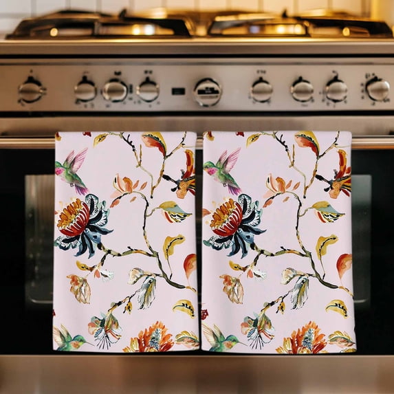 Pink Spring Floral Kitchen Towels Set of 2, Summer Botanical Vintage Birds Absorbent Dish Towels for Kitchen, Microfiber Hand Towel, Quick Drying Tea Towel for Cleaning Decorative Dishcloths