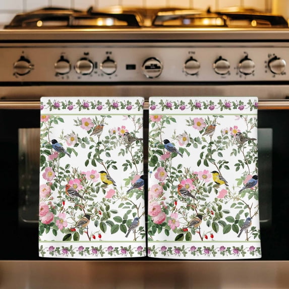 Pink Spring Floral Kitchen Towels Set of 3, Elegant Pastoral Flowers Birds Watercolor Absorbent Dish Towels for Kitchen, Microfiber Hand Towel, Quick Drying Tea Towel for Cleaning Dishcloths