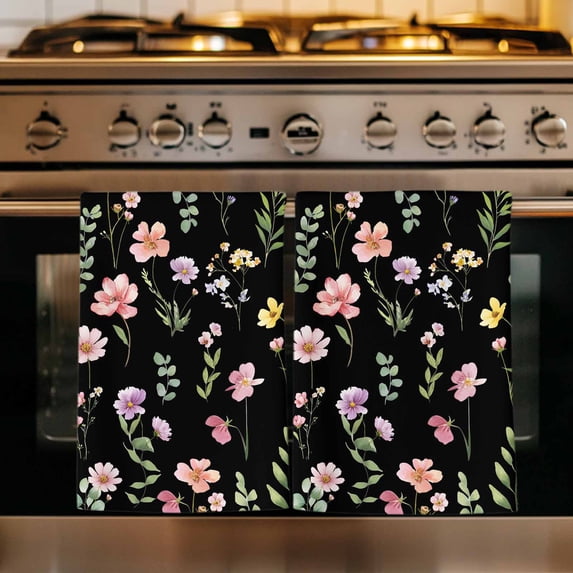 Pink Spring Floral Kitchen Towels Set of 3, Flowers Botanical Elegant Pastoral Black Absorbent Dish Towels for Kitchen, Microfiber Hand Towel, Quick Drying Tea Towel for Cleaning Dishcloths