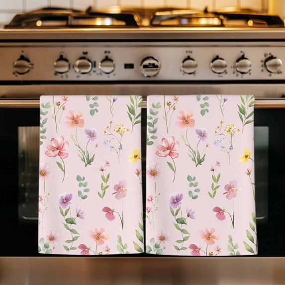 Pink Spring Floral Kitchen Towels Set of 4, Flowers Botanical Elegant Pastoral Absorbent Dish Towels for Kitchen, Microfiber Hand Towel, Quick Drying Tea Towel for Cleaning Decorative Dishcloths