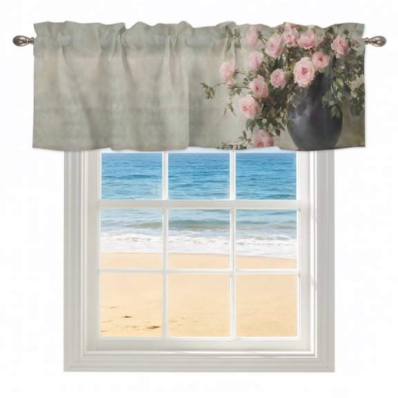 Pink Spring Floral Kitchen Valances for Windows 42x12 Inch Kitchen Curtains Valances Rod Pocket Vintage Roses Flowers Vase Botanical Bathroom Window Valances for Window Treatment Decor