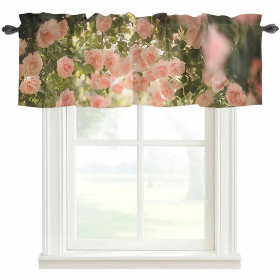 Pink Spring Floral Kitchen Valances for Windows, Summer Roses Flowers Botanical Bathroom Window Valances 42x12 Inch Rod Pocket Window Treatments Valance Curtains for Living Room Bedroom Decor