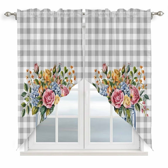 Pink Spring Floral Kitchen Window Curtains, Swag Curtains Valance for Bedroom Living Room Bathroom, Flowers Gray Plaid Farmhouse Rod Pocket Window Treatment Curtain Block Drapes 2 Panels 36"x45"