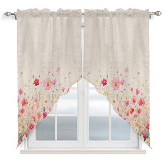Pink Spring Floral Kitchen Window Curtains, Swag Curtains Valance for Bedroom Living Room Bathroom, Watercolor Summer Botanical Rod Pocket Window Treatment Curtain Block Drapes 2 Panels 36"x45"