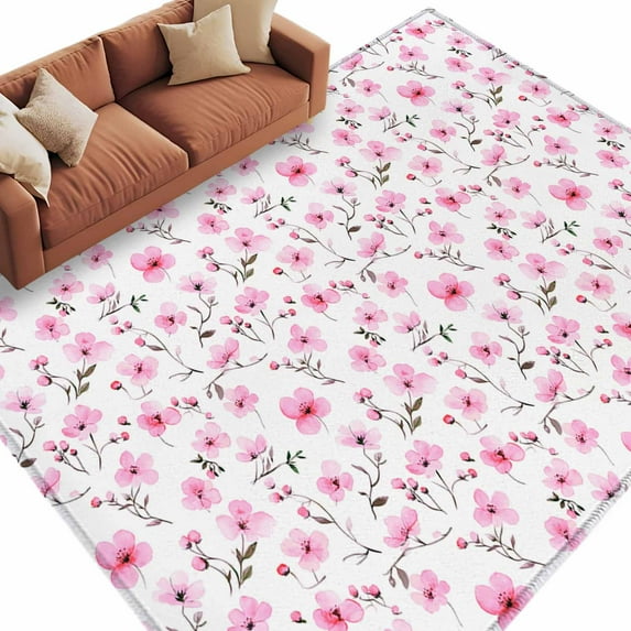 Pink Spring Floral Large Area Rugs for Bedroom Living Room, Soft Non Slip Carpet Bedside Rug, Summer Botanical Elegant Rectangular Floor Cover Kitchen Accent Rug 8'x10' for Dining Room/Office