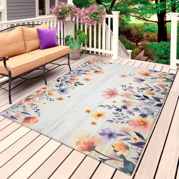 Pink Spring Floral Outdoor Rug 4x6 Ft, Non Slip Washable Area Rug, Elegant Flowers Farmhouse Botanical Wooden Patio Rugs Carpet Runner, Large Floor Mat for Indoor/Outdoor Deck Porch Camping