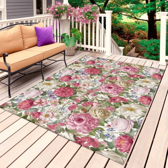 Pink Spring Floral Outdoor Rug 4x6 Ft, Non Slip Washable Area Rug, Vintage Summer Botanical Patio Rugs Carpet Runner, Large Floor Mat for Indoor/Outdoor Deck Porch Camping