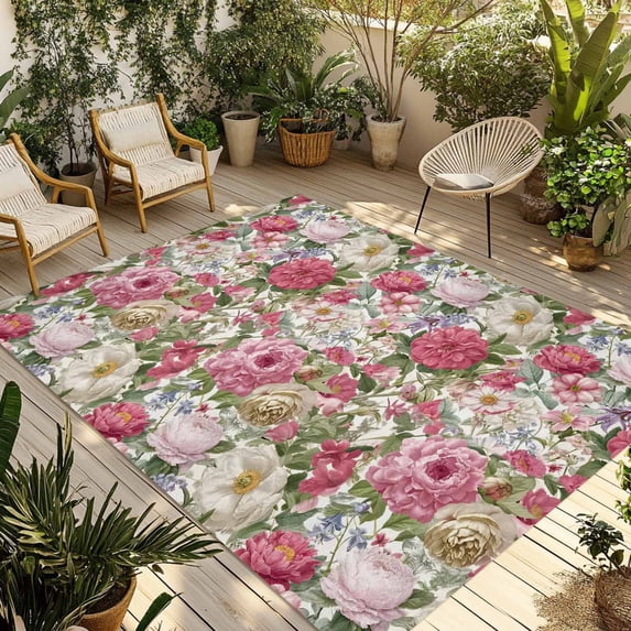 Pink Spring Floral Outdoor Rug 5x8 Ft - Reversible Patio Rug Outdoor Camping Rugs, Vintage Summer Botanical Washable Indoor Outdoor Area Rugs, Non-Slip Outdoor Carpet Runner for Deck/Porch