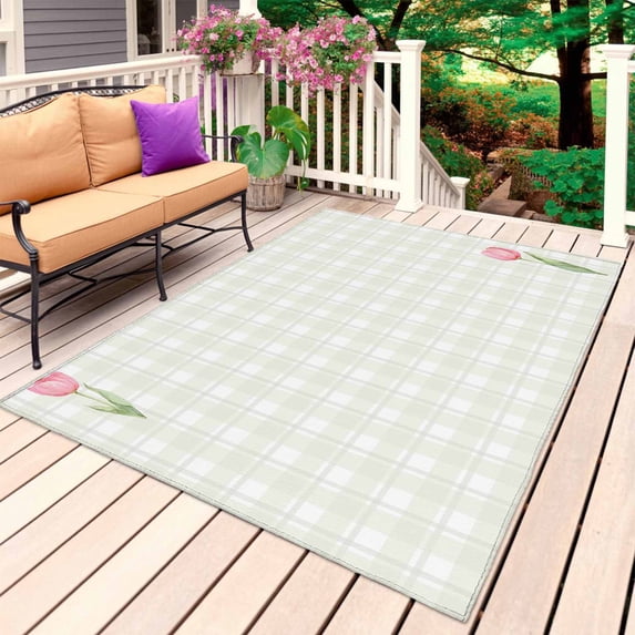 Pink Spring Floral Outdoor Rug 6x9 Ft, Non Slip Washable Area Rug, Tulip Yellow Plaid Summer Botanical Patio Rugs Carpet Runner, Large Floor Mat for Indoor/Outdoor Deck Porch Camping