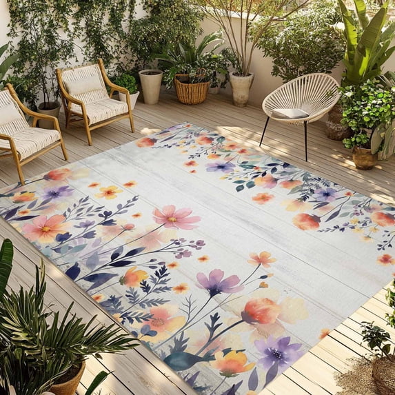 Pink Spring Floral Outdoor Rug for Patio/Deck/Porch, Non-Slip Large Area Rug 3 x 5 Ft, Elegant Flowers Farmhouse Botanical Wooden Indoor Outdoor Rugs Washable Area Rugs, Camping Rug Carpet Runner