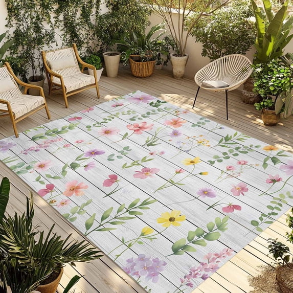 Pink Spring Floral Outdoor Rug for Patio/Deck/Porch, Non-Slip Large Area Rug 3 x 5 Ft, Flowers Botanical Elegant Wooden Indoor Outdoor Rugs Washable Area Rugs, Reversible Camping Rug Carpet Runner