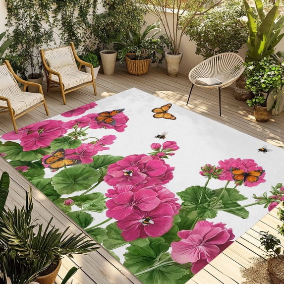 Pink Spring Floral Outdoor Rug for Patio/Deck/Porch, Non-Slip Large Area Rug 4 x 6 Ft, Butterfly Farmhouse Indoor Outdoor Rugs Washable Area Rugs, Reversible Camping Rug Carpet Runner
