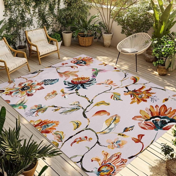 Pink Spring Floral Outdoor Rug for Patio/Deck/Porch, Non-Slip Large Area Rug 4 x 6 Ft, Summer Botanical Vintage Birds Indoor Outdoor Rugs Washable Area Rugs, Reversible Camping Rug Carpet Runner