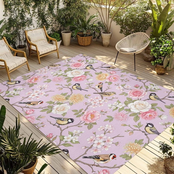 Pink Spring Floral Outdoor Rug for Patio/Deck/Porch, Non-Slip Large Area Rug 6 x 9 Ft, Elegant Farmhouse Flowers Birds Watercolor Indoor Outdoor Rugs Washable Area Rugs, Camping Rug Carpet Runner