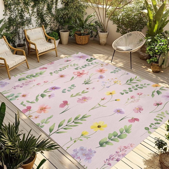 Pink Spring Floral Outdoor Rug for Patio/Deck/Porch, Non-Slip Large Area Rug 6 x 9 Ft, Flowers Botanical Elegant Pastoral Indoor Outdoor Rugs Washable Area Rugs, Reversible Camping Rug Carpet Runner