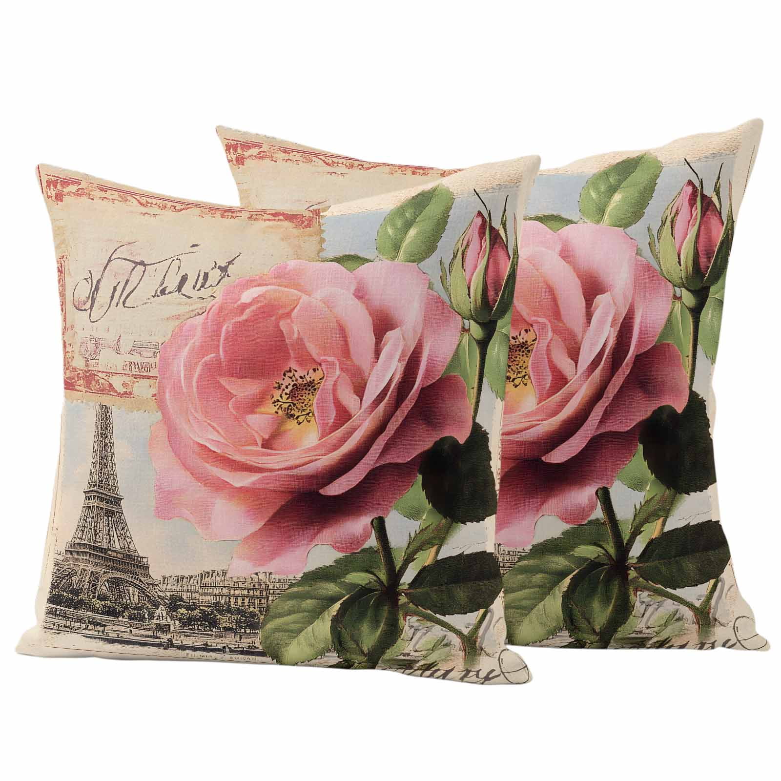 Pink Spring Floral Outdoor Waterproof Pillow Covers, Vintage Rose Flower Decorative Square Throw Pillowcase Sofa Cushion Sham for Patio/Couch/Chair, 18"x18" 2 Pack