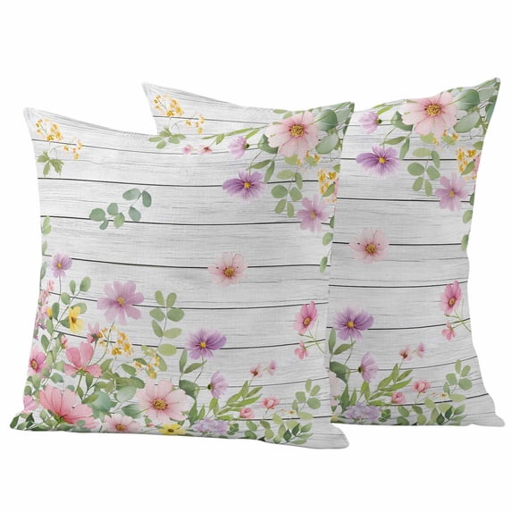 Pink Spring Floral Pillow Covers 2 Pack Watercolor Botanical Wildflowers Board Pillowcase Waterproof Outdoor Throw Pillow Cover for Patio Garden Square Cushion 20”x20”