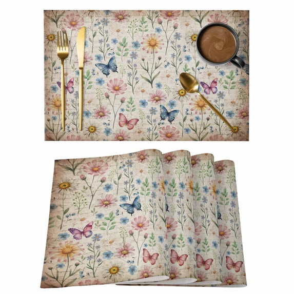Pink Spring Floral Placemats Set of 12 Elegant Pastoral Flowers Butterflies Vintage Place Mats Indoor Wipeable Table Mats Washable Dining Table Placemats for Kitchen Holiday Party Decor 13x19 Inch