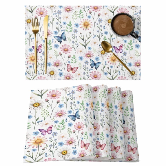 Pink Spring Floral Placemats Set of 4, Elegant Pastoral Flowers Butterfly Placemats for Dining Table, Place Mats for Kitchen Tabletop, Waterproof Wipeable Dining Table Mats Set