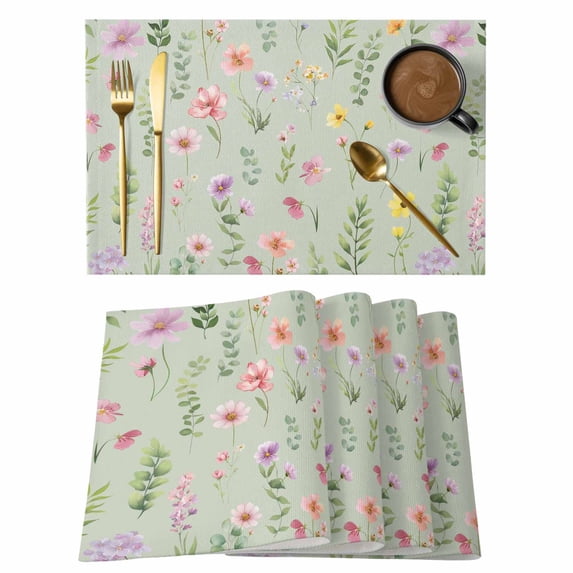 Pink Spring Floral Placemats Set of 4, Farmhouse Flowers Sage Green Leaves Placemats for Dining Table, Place Mats for Kitchen Tabletop, Waterproof Wipeable Dining Table Mats Set