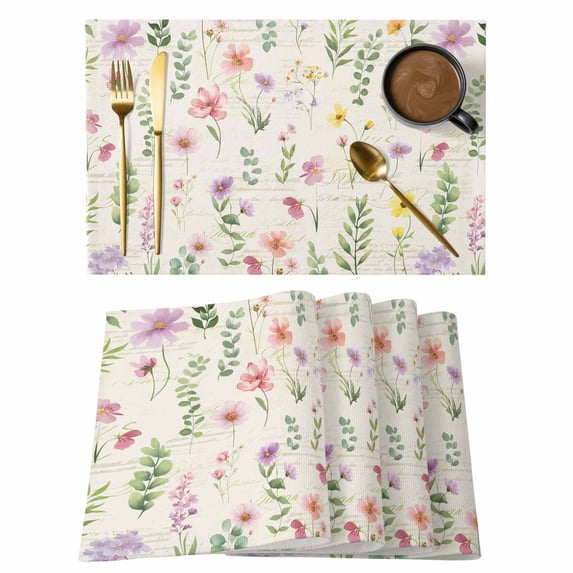 Pink Spring Floral Placemats Set of 4, Flowers Elegant Pastoral Botanical Placemats for Dining Table, Place Mats for Kitchen Tabletop, Waterproof Wipeable Dining Table Mats Set