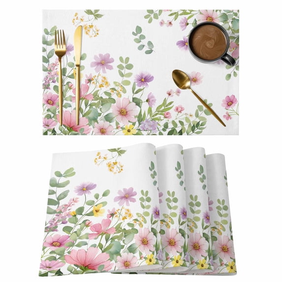 Pink Spring Floral Placemats Set of 4, Watercolor Botanical Wildflowers Placemats for Dining Table, Place Mats for Kitchen Tabletop, Waterproof Wipeable Dining Table Mats Set